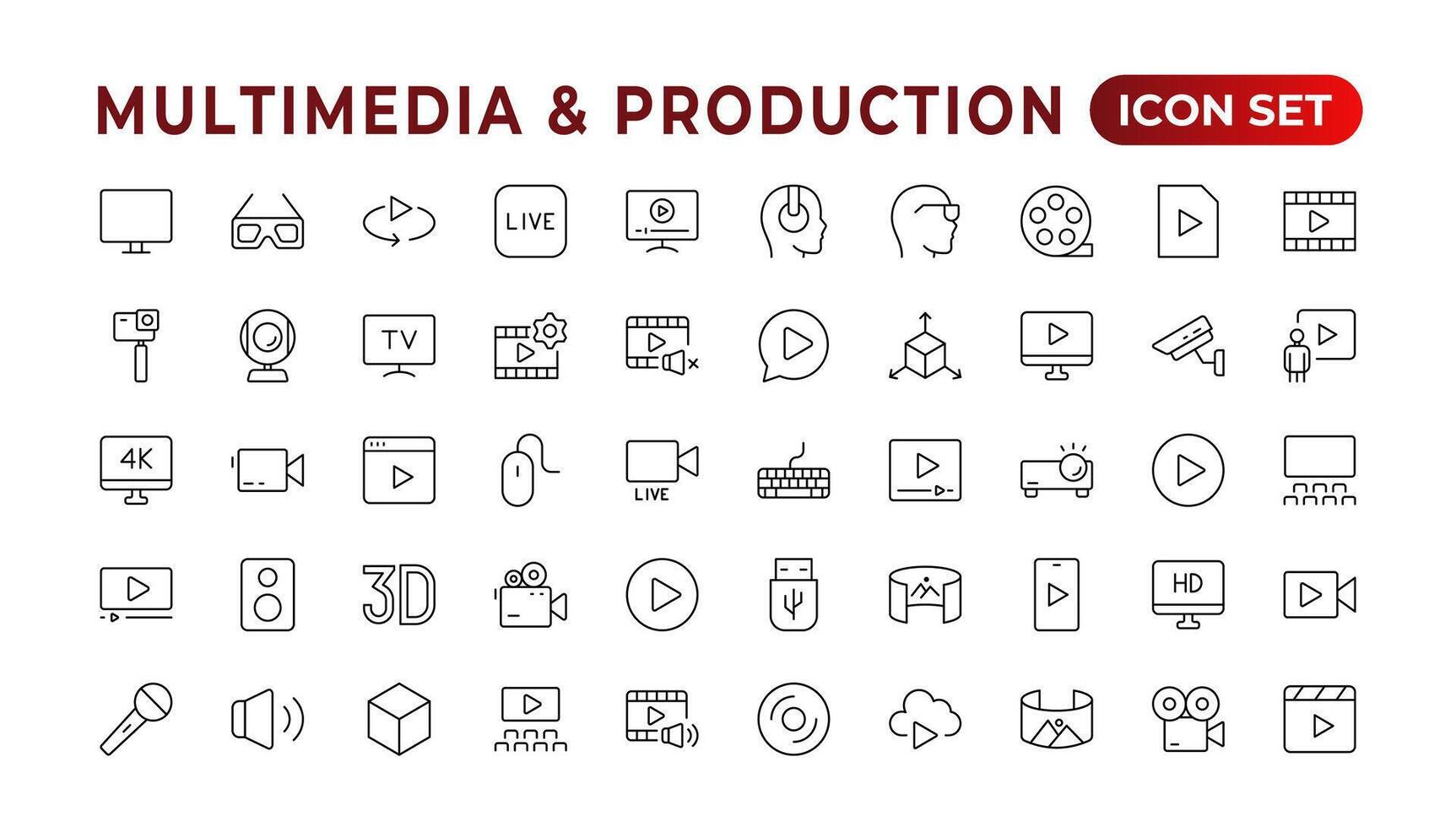 Multimedia and Production icon set. Cinema icon set. Movie sign collection. Set of cinema, movie, video icons, collection film, TV. Popcorn box package Big movie reel. Outline icon set collection. vector