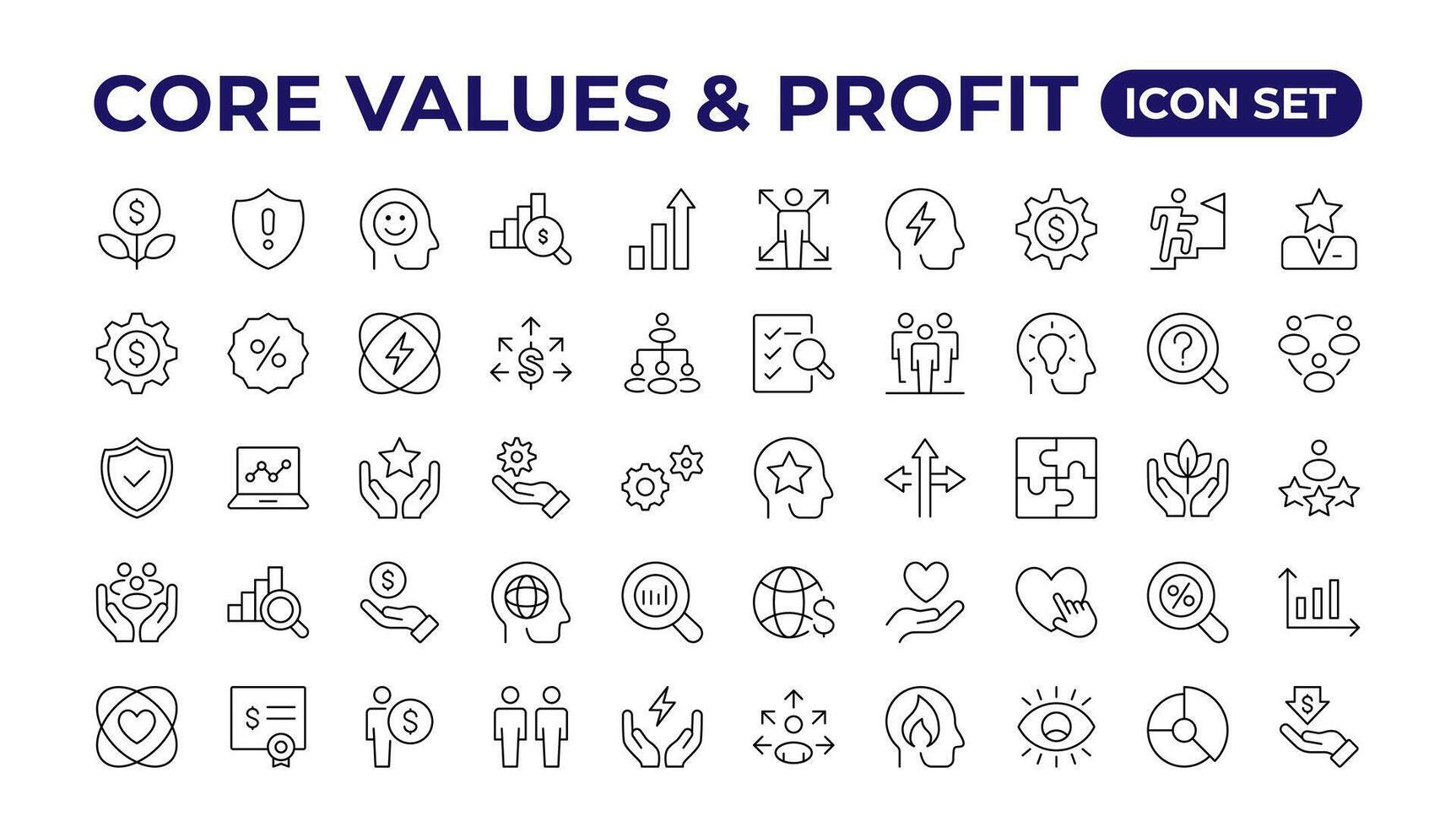 Value money core icons set. Outline illustration of icons. Core values line icons. Integrity. Vision, Social Responsibility, Commitment, Personal Growth, Innovation, Family, and Problem-Solving. vector