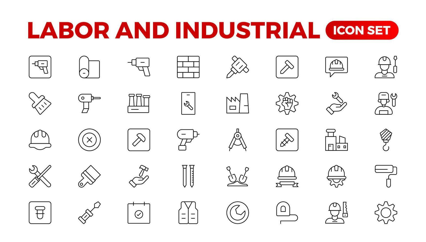 labor y industrial icono colocar. línea conjunto de ingeniero, engranaje, y engranajes mecánico máquina iconos fabricación y Ingenieria línea icono colocar. producción, configuración, industrial fábrica, mano de obra, vector