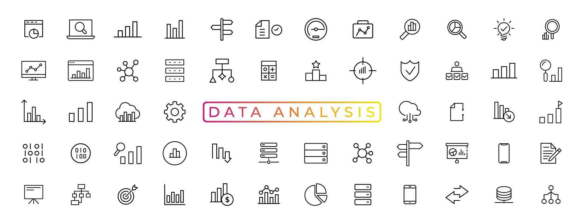 Big data analysis thin line icon set. Data processing outline pictograms for website and mobile app GUI. Digital analytics simple UI, UX vector icons