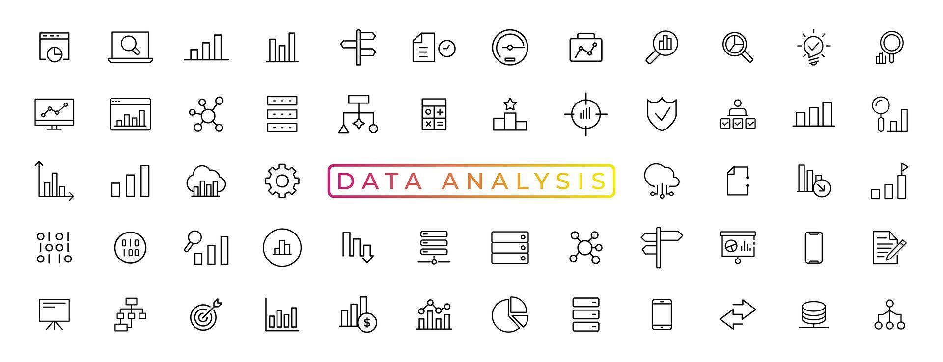 grande datos análisis Delgado línea icono colocar. datos Procesando contorno pictogramas para sitio web y móvil aplicación interfaz gráfica de usuario digital analítica sencillo ui, ux vector íconos