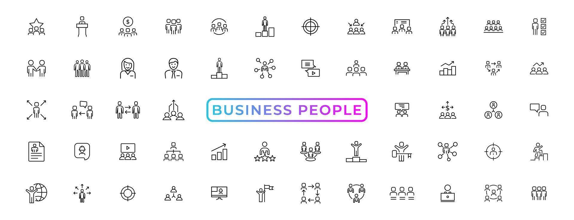 Business people line icons set. Businessman outline icons collection. Teamwork, human resources, meeting, partnership, meeting, work group, success, resume - stock vector. vector