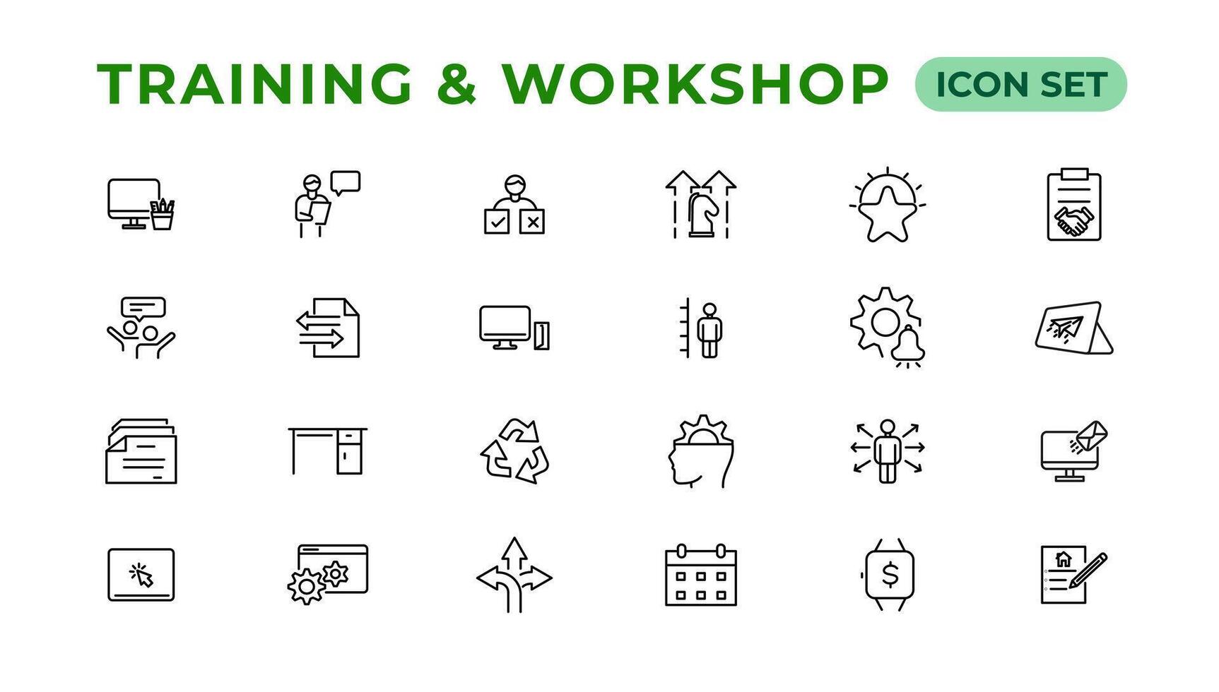 Training and workshop linear icons collection.Set of thin line web icon set, simple line icons collection, Pixel Perfect icons, Editable vector illustration.