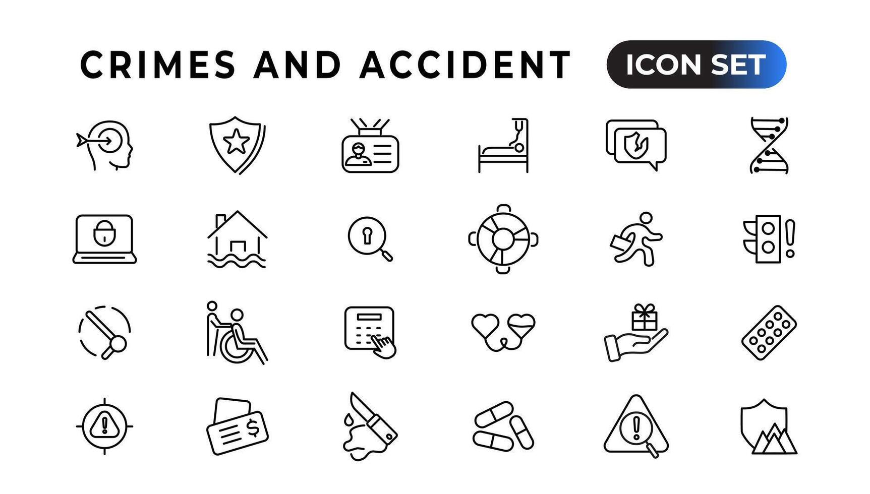 Crimes and accident linear icons collection.Set of thin line web icon set, simple outline icons collection, Pixel Perfect icons, Simple vector illustration