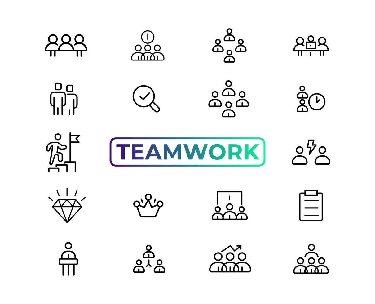 Teamwork line icons set. Businessman outline icons collection. Work group and human resources. Business teamwork, human resources, meeting, partnership, meeting, work group, success - stock vector. vector