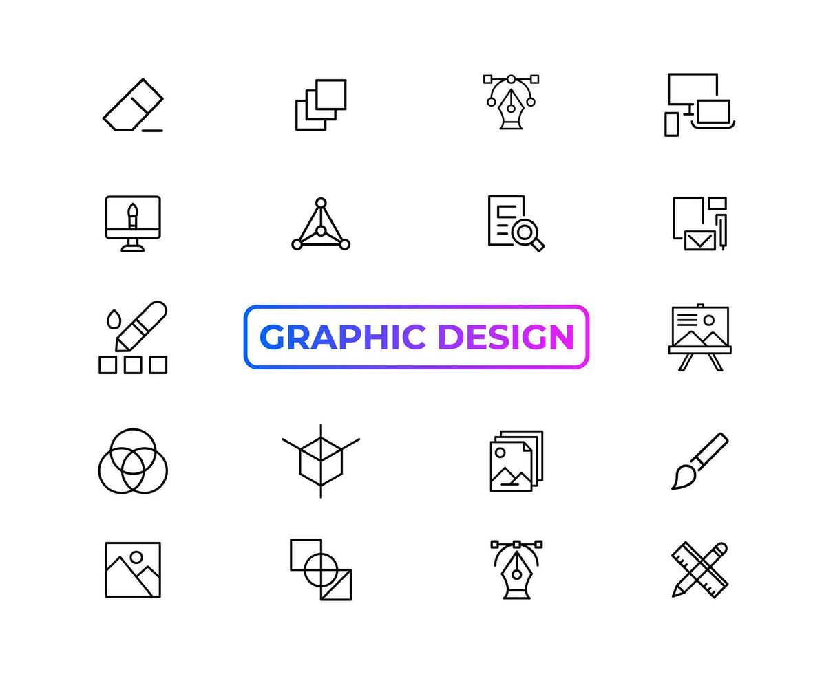 Set of thin line icons of graphic design. Simple linear icons in a modern style flat, Creative Process. Graphic design, creative package, stationary, software and more simple UI, UX vector icons