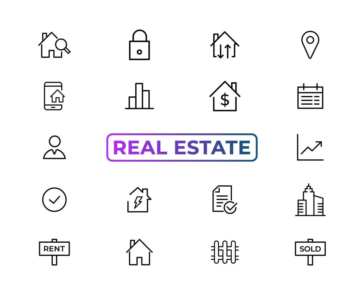 Real Estate minimal thin line web icon set. Included the icons as realty, property, mortgage, home loan and more. Outline icons collection. Simple vector illustration