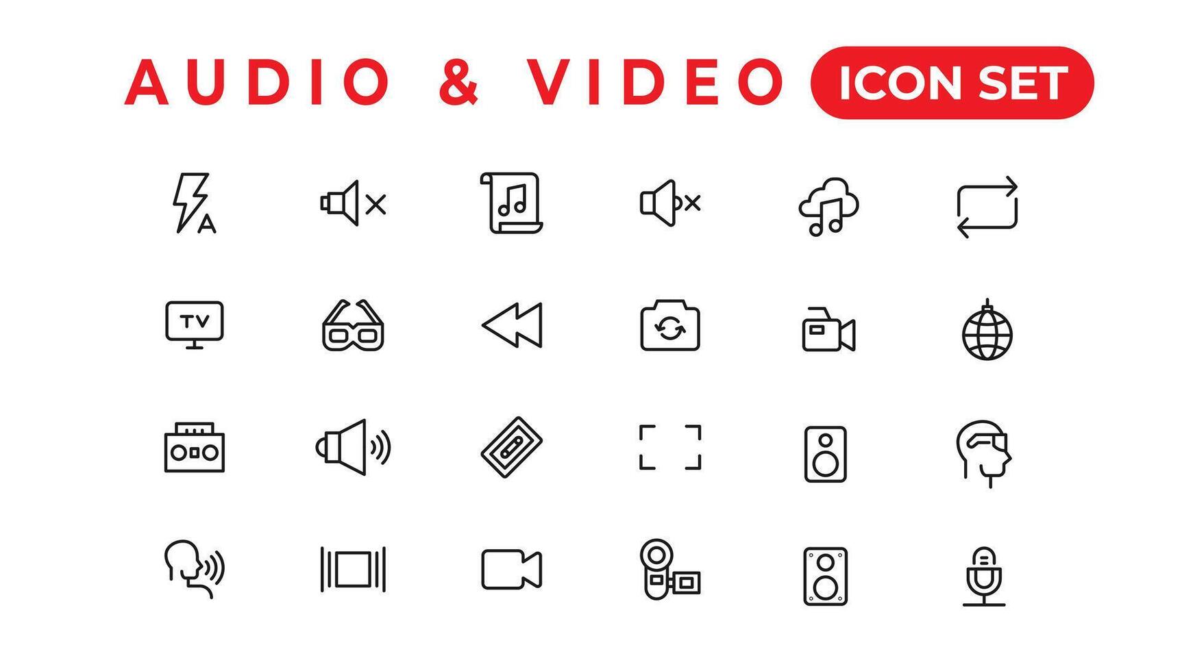 paquete de iconos de audio y video. conjunto de iconos de línea delgada. conjunto de colección de iconos planos. iconos vectoriales simples vector