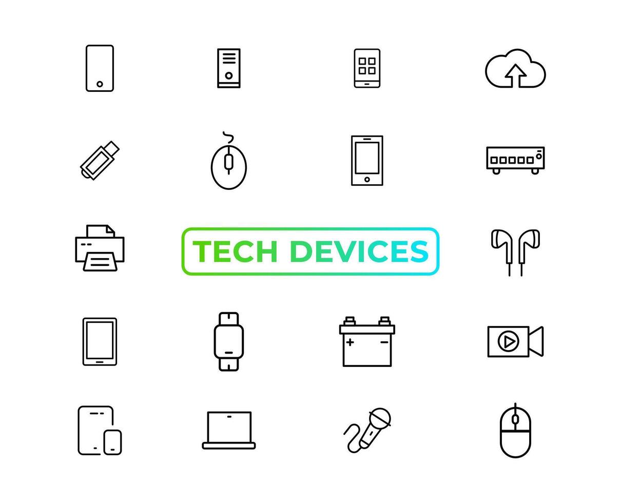 Device and technology line icon set. Electronic devices and gadgets, computer, equipment and electronics. Computer monitor, smartphone, tablet and laptop sumbol collection - stock ... vector