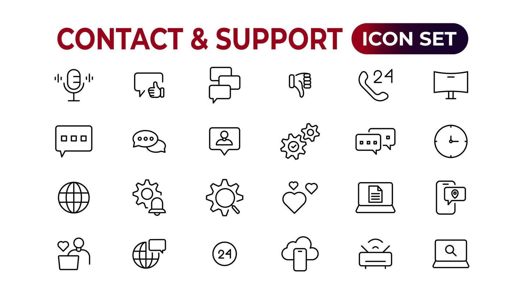 Contact and support web icons in line style. Web and mobile icon. Chat, support, message, phone. Vector illustration.