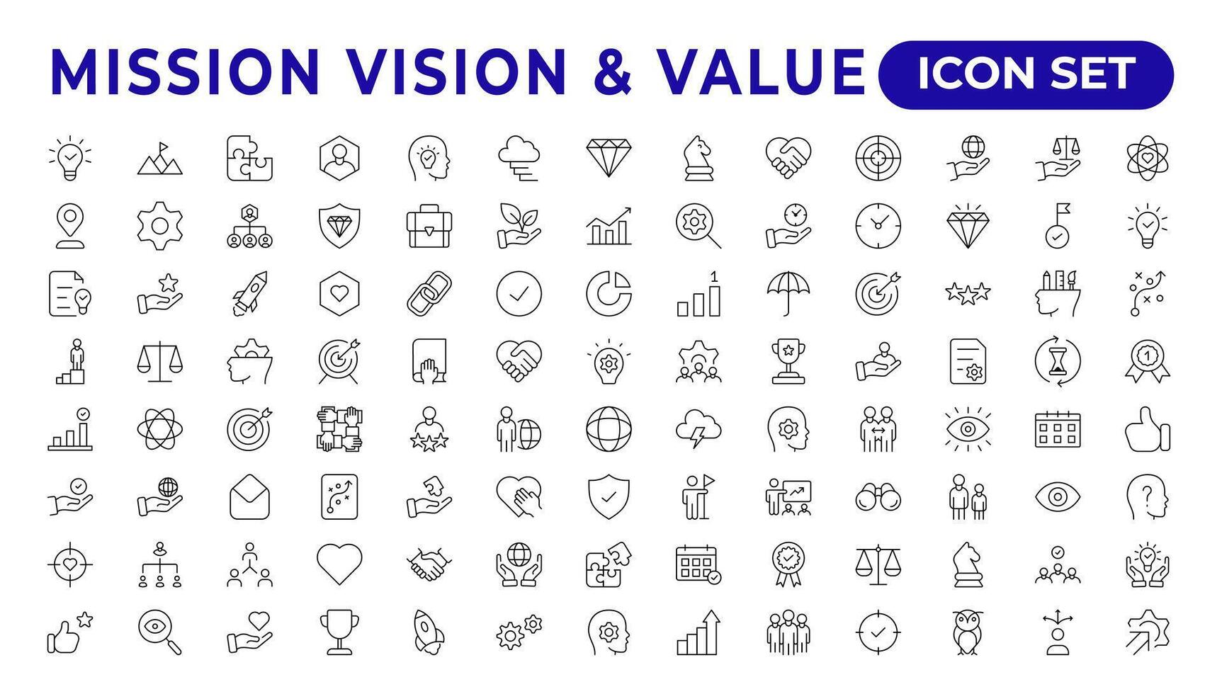 misión, visión y valor icono colocar. contorno ilustración de iconos núcleo valores línea iconos visión, social responsabilidad, y resolución de problemas vector