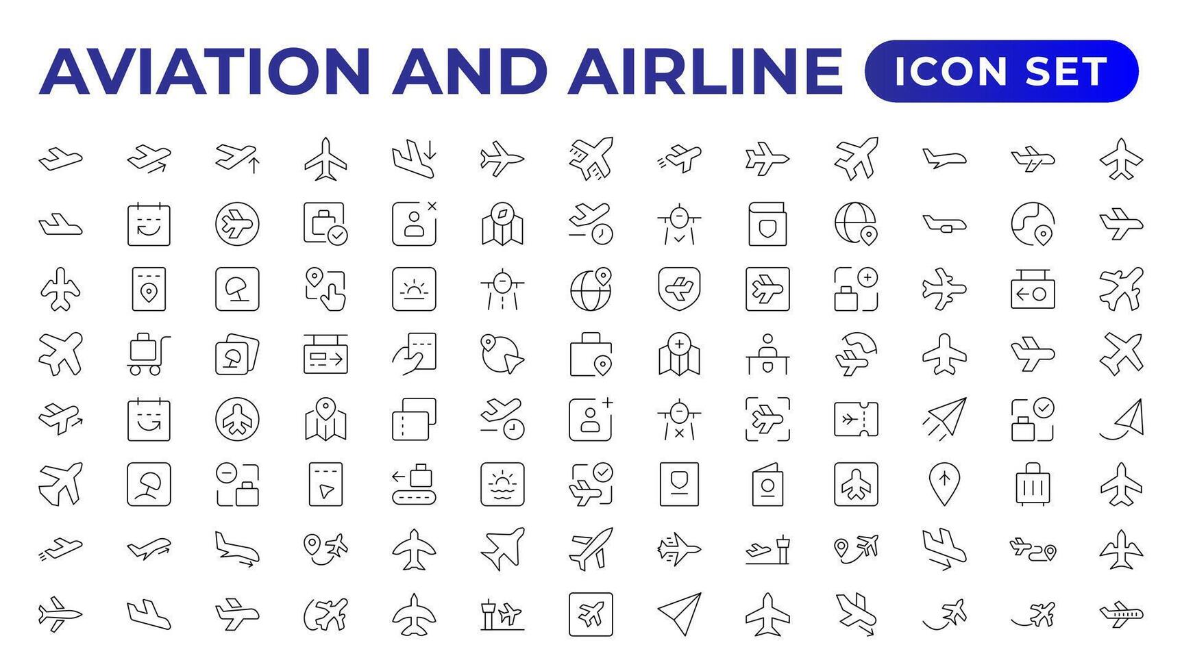 Plane icon collection. Airplane vector. Flight transport symbol. Travel concept.Set of Vector Line icon. It contains symbols of aircraft, Credit Cards, Wallets, Dollars, Money globe. Outline icon set.