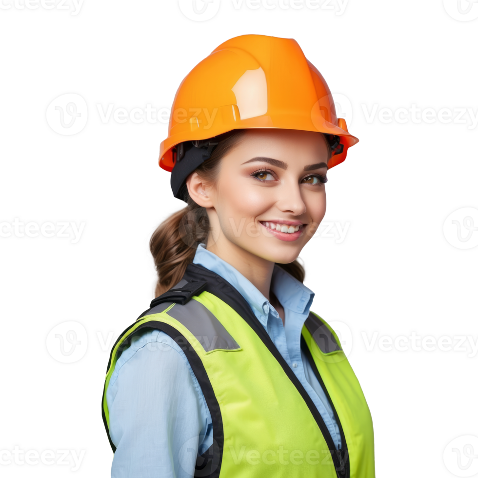 AI generated Generated Beautiful female engineer with helmet and safety vest isolated on transparent background png