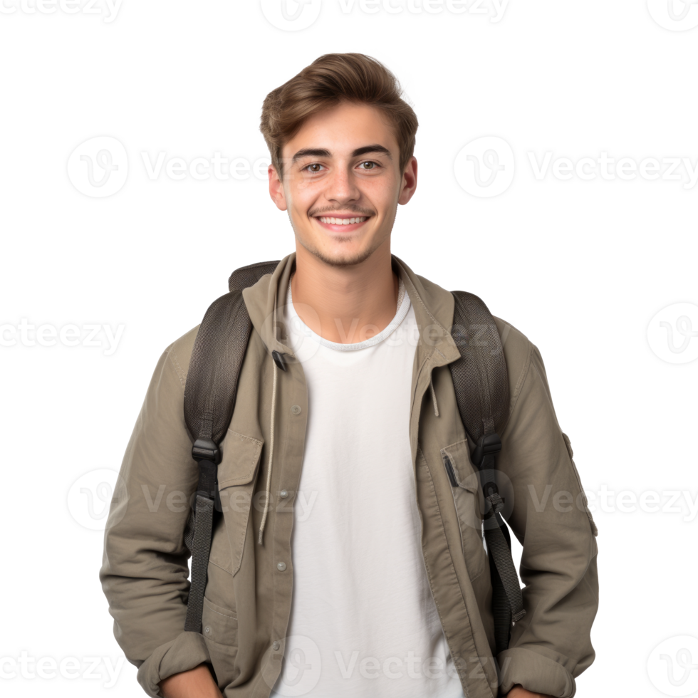 AI generated University young man student carrying backpack isolated on transparent background png