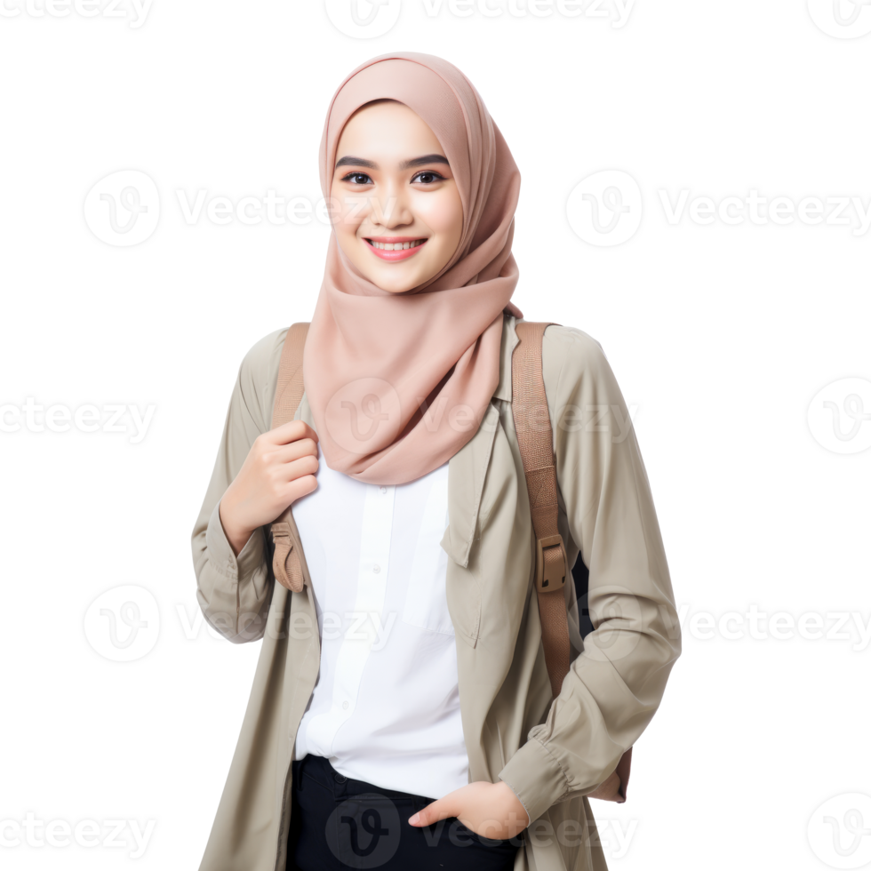 AI generated Muslim asian female university student carrying backpack isolated on transparent background png