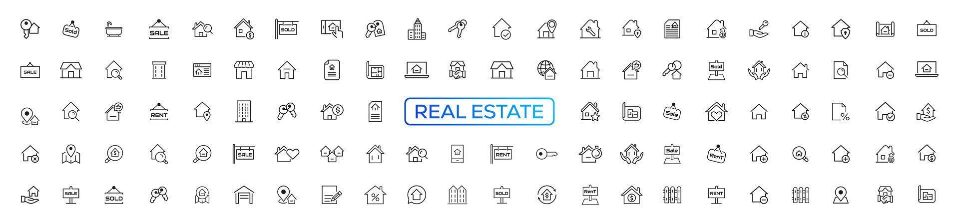 Real Estate minimal thin line web icon set. Included the icons as realty, property, mortgage, home loan and more. Outline icons collection. Simple vector illustration