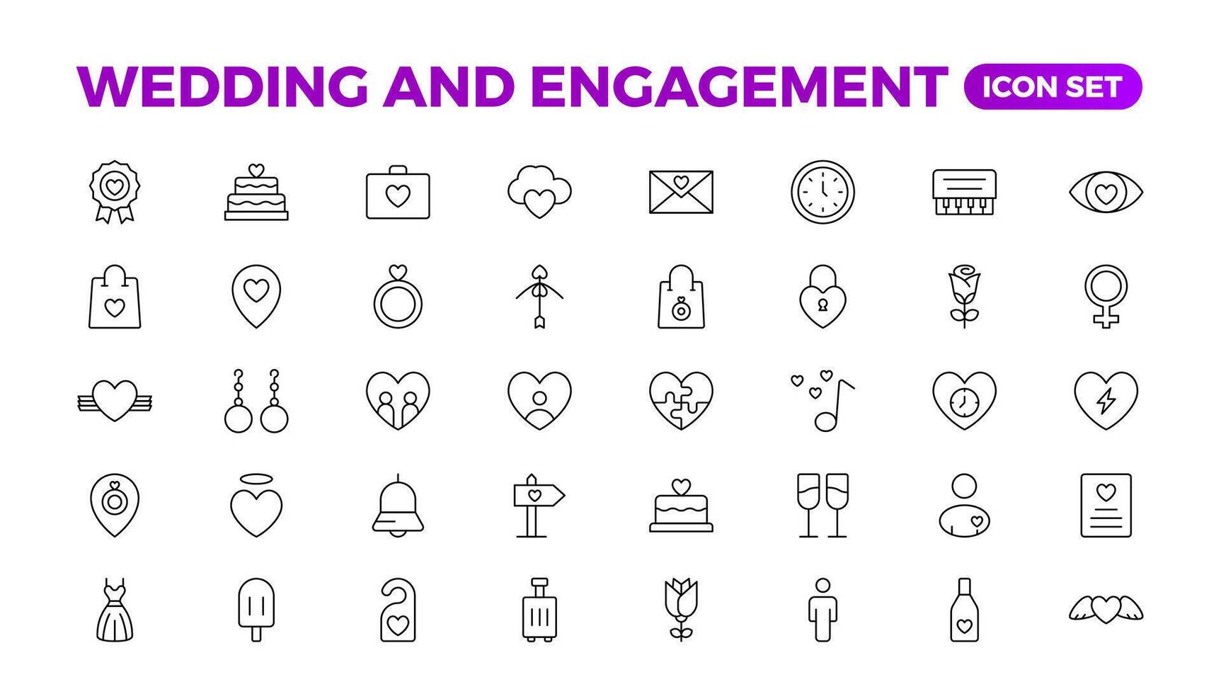 Simple Set of Minimal Wedding Related Vector Line Icons. The wedding outline icon set includes thin line rose, candle, marriage, bouquet, groom, tent, dove icons for report, presentation, and diagram.