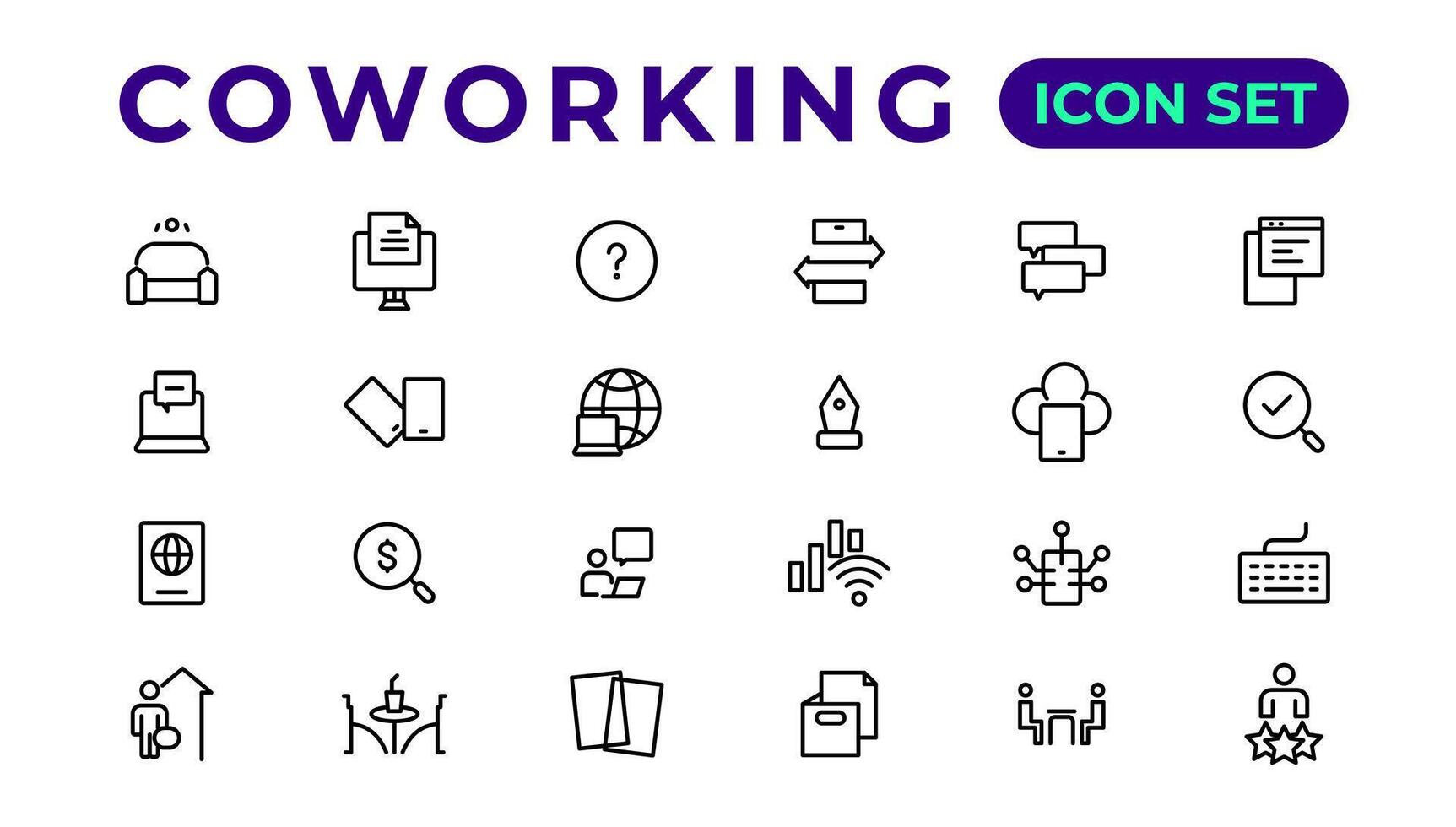 Coworking Service Vector Icons Set Collection. Coworking space office thin line icons set. Editable vector icon.