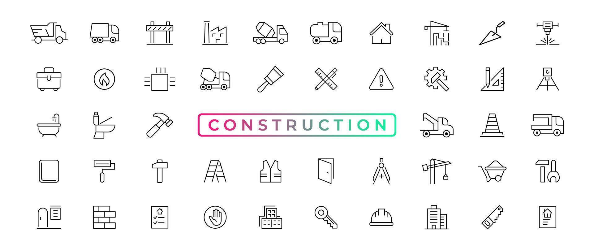 Construction line icons set. Home repair tools outline icons collection. Construction tools, builders and equipment symbols. Builder, crane, engineering, equipment, helmet, tool, house - stock vector. vector