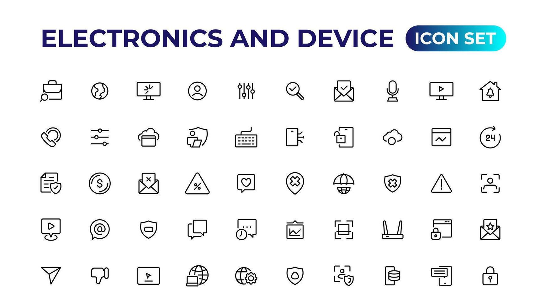 electrónica y dispositivo líneas icono colocar. electrónico dispositivos y artilugio, computadora, equipo y electrónica. computadora monitor, teléfono inteligente, tableta y ordenador portátil sumbol recopilación. vector