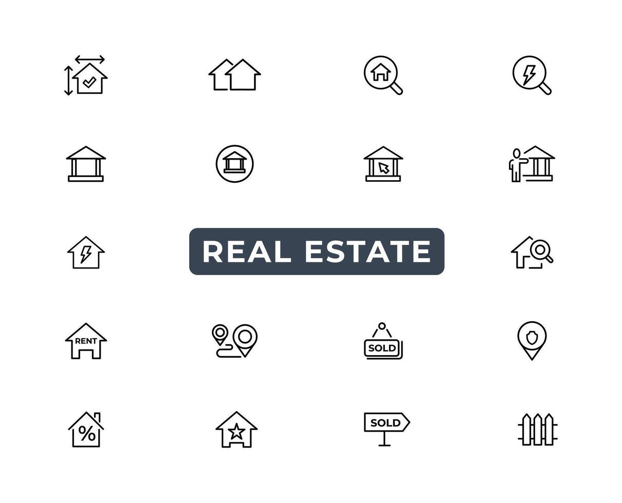 Real Estate minimal thin line web icon set. Included the icons as realty, property, mortgage, home loan and more. Outline icons collection. Simple vector illustration