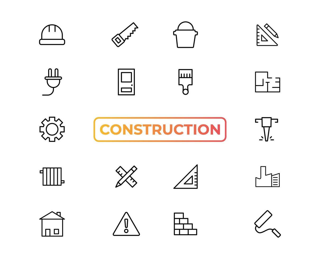Construction line icons set. Home repair tools outline icons collection. Construction tools, builders and equipment symbols. Builder, crane, engineering, equipment, helmet, tool, house - stock vector. vector
