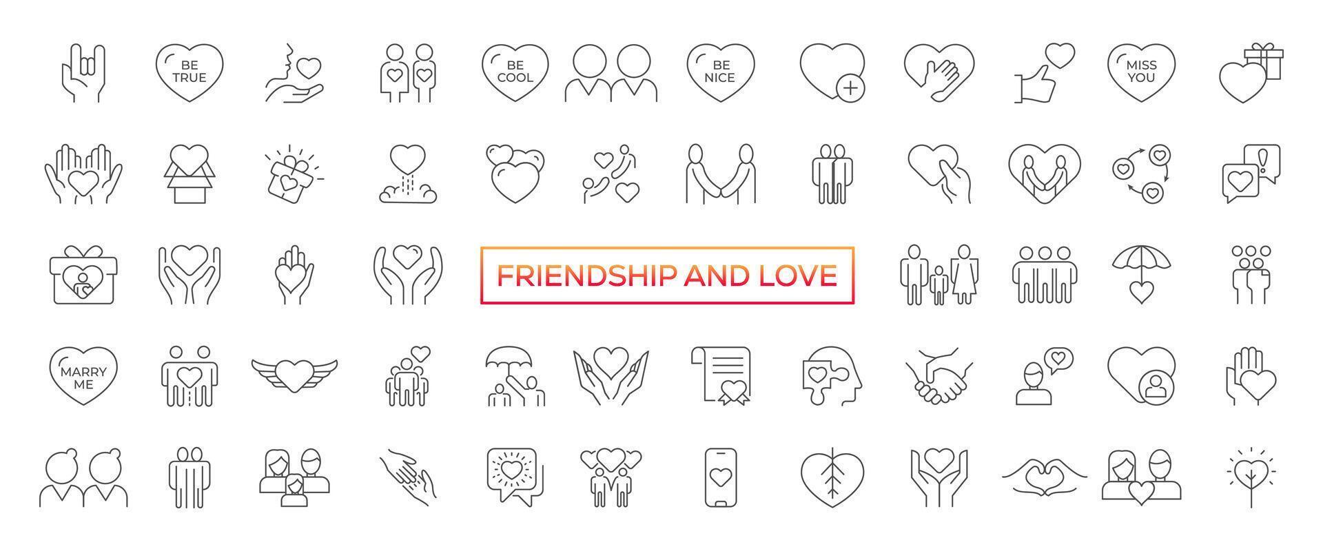 Friendship and Love Vector Line Icons Set. Relationship, Mutual Understanding, Mutual Assistance, Interaction