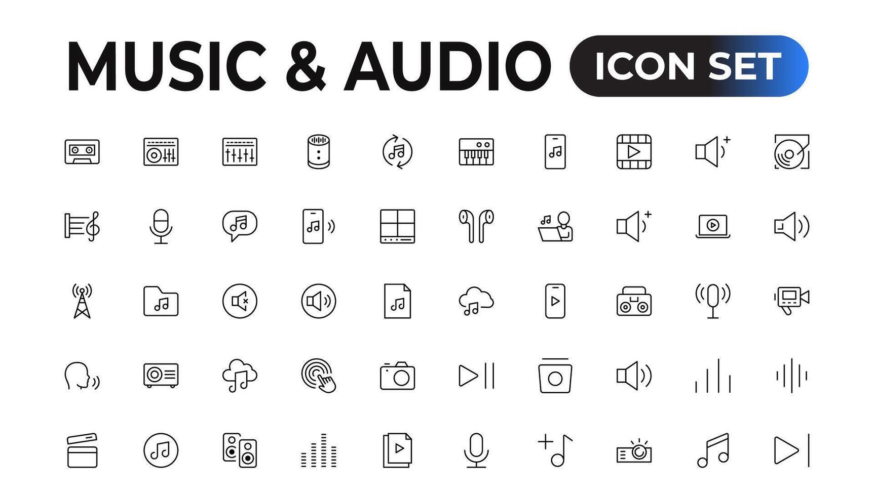 Music and audio universal thin line icons set on white background, Pixel Perfect icons, Simple vector illustration.