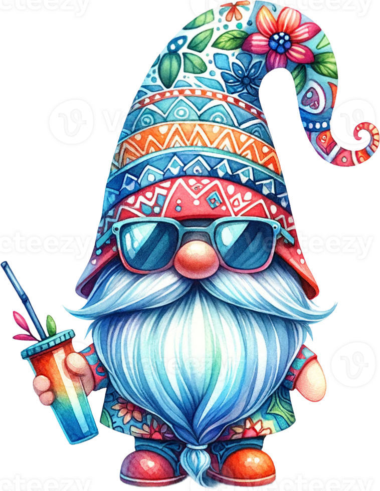 AI generated Festive Gnome with Beach Umbrella and Drink png