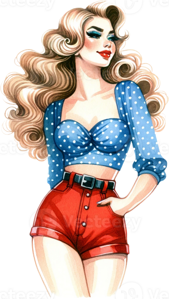 ai generato retrò moda ragazza copertina ragazza con blu camicetta e ondulato capelli png