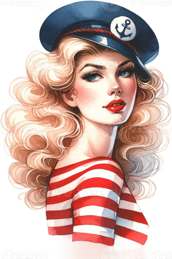 AI generated Vintage Pinup Girl with Curly Hair and Sailor Scarf png