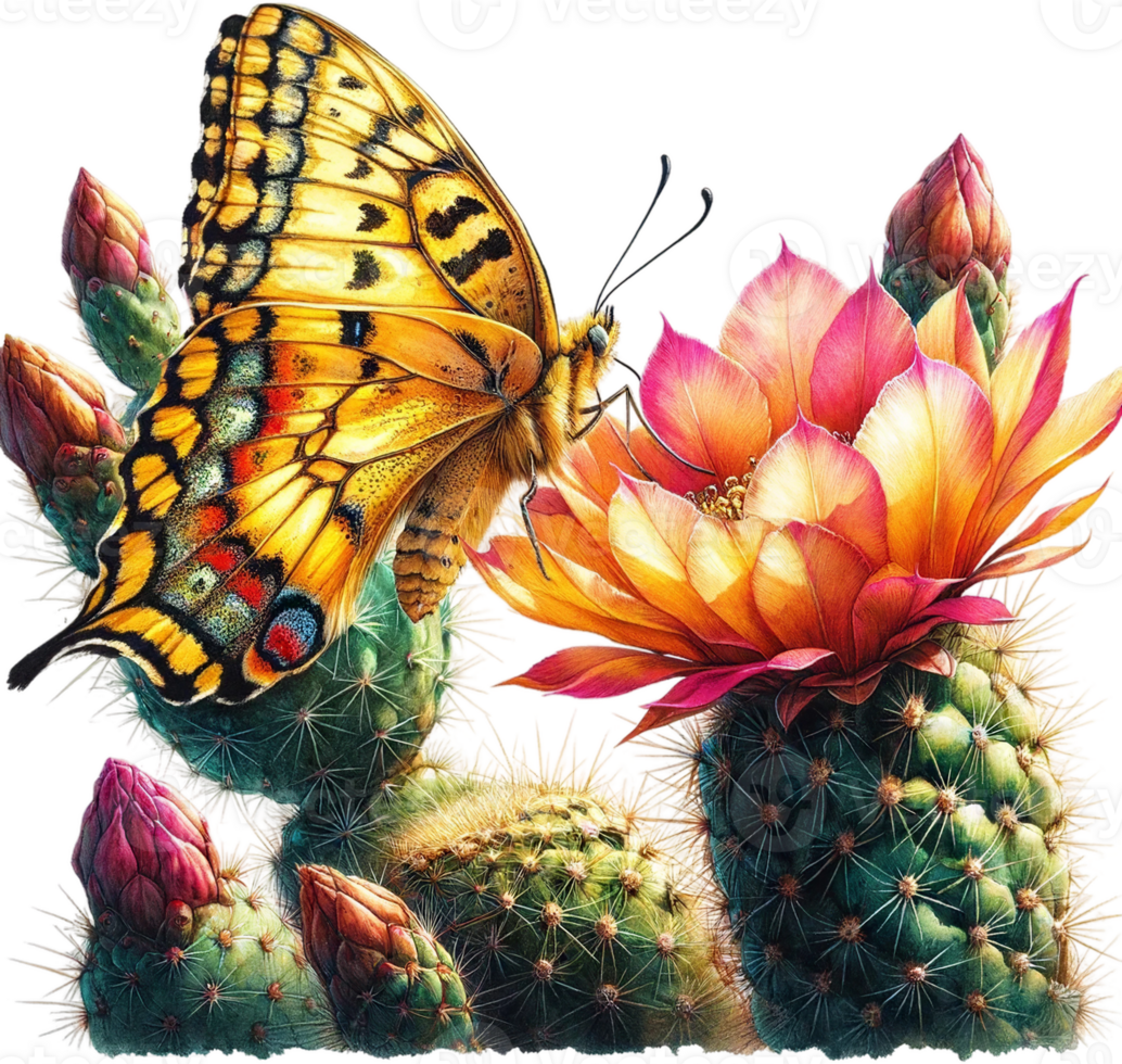 AI generated Eastern Tiger Swallowtail Butterfly on Cactus Blooms png