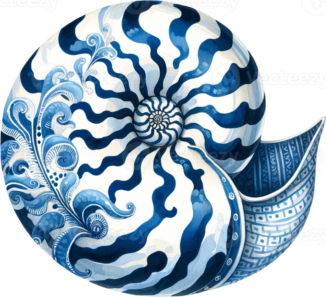 AI generated Marine Nautilus Shell with Blue Wave Patterns png