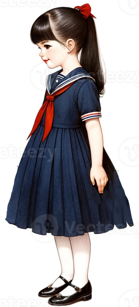 ai généré classique peu fille avec bleu robe et rouge écharpe png