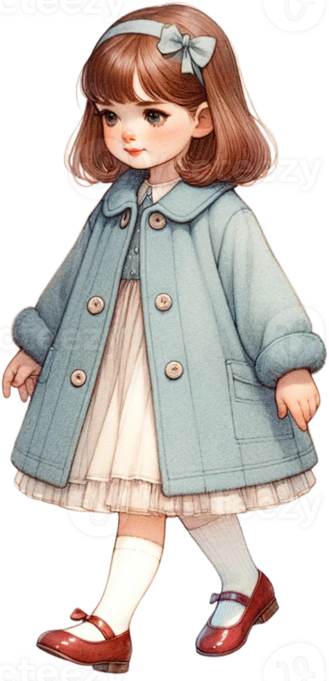 AI generated Retro Little Girl in Beige Coat and Red Shoes png