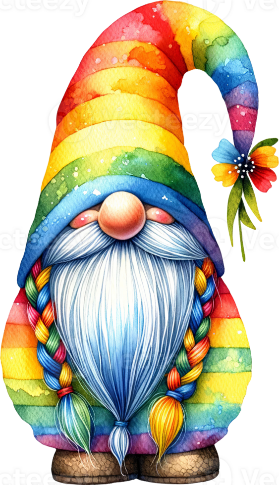 AI generated Whimsical Gnome with Rainbow and Balloons Illustration png