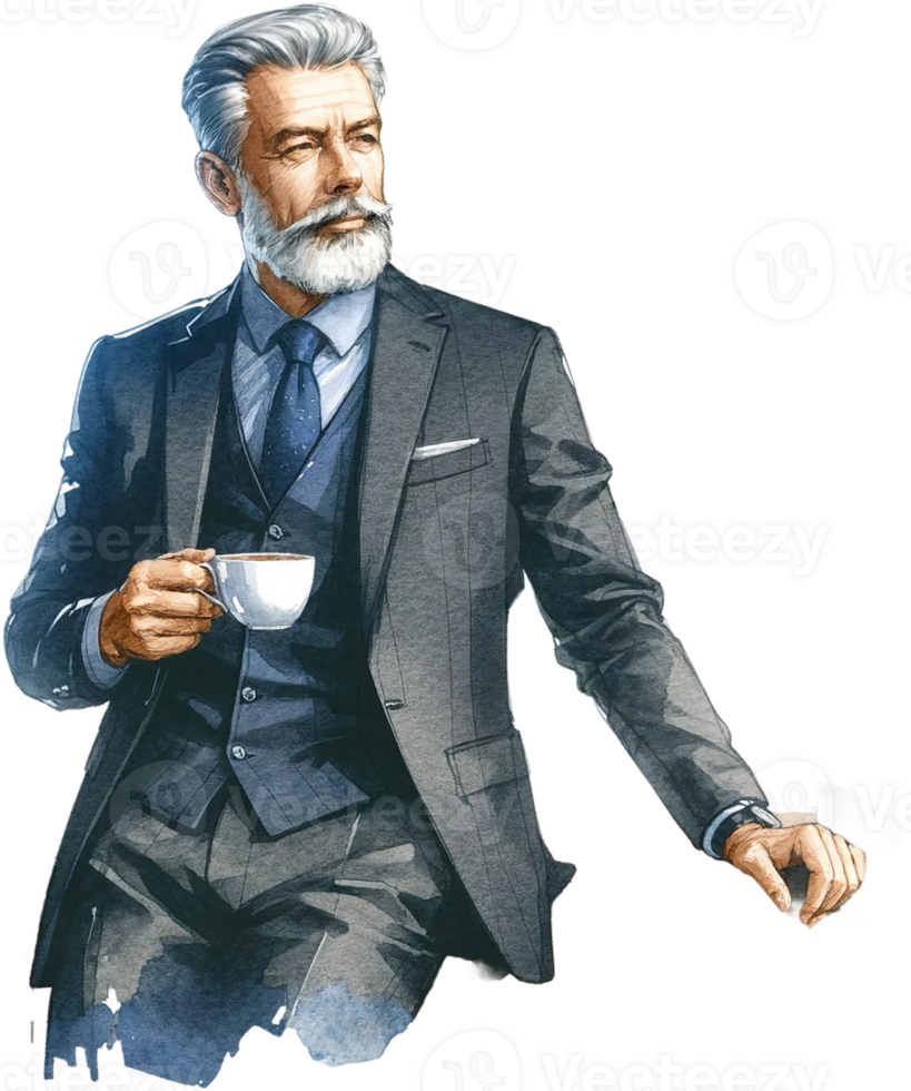 AI generated Dapper Senior Gentleman with Coffee and Smartphone png