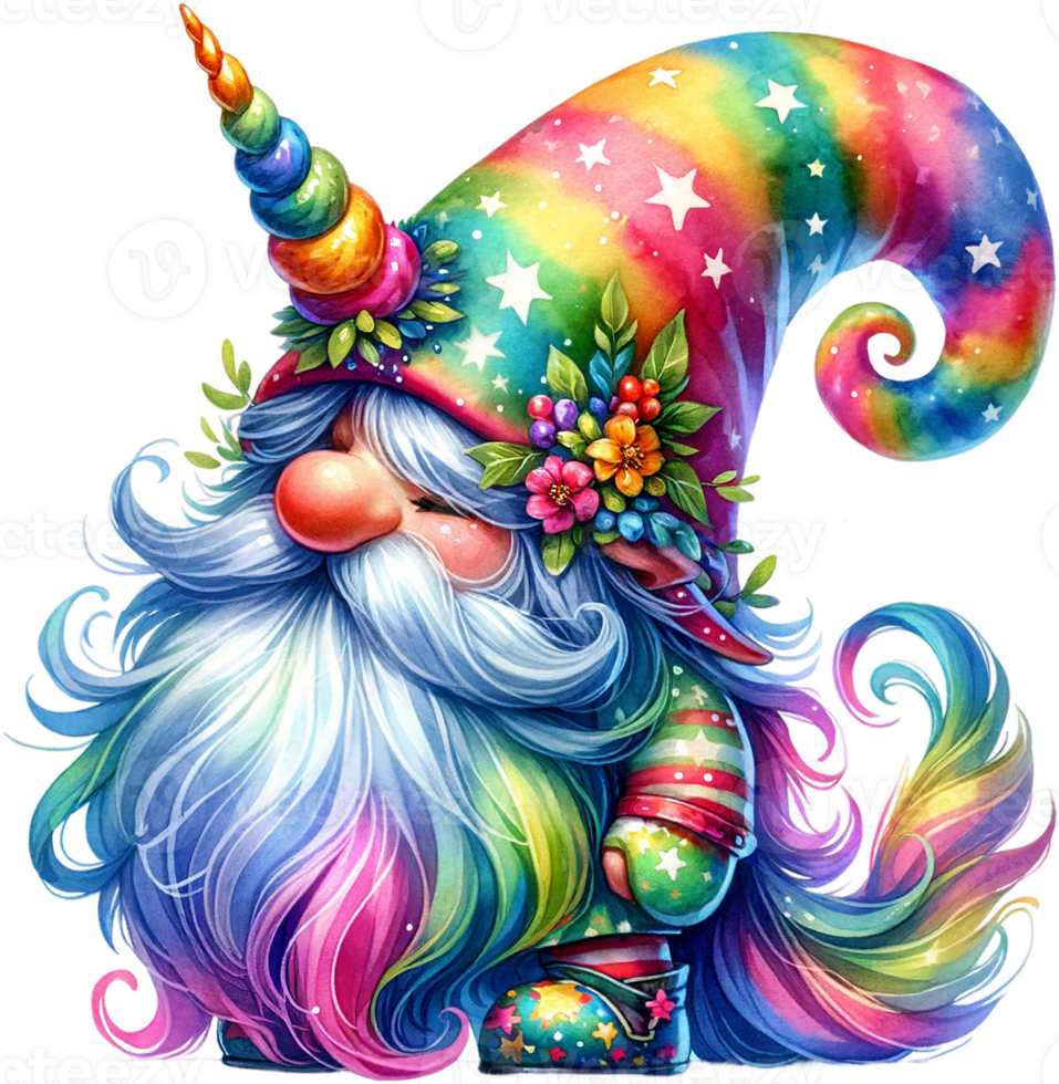ai generato gnomo con fiorito unicorno cappello e arcobaleno coda png