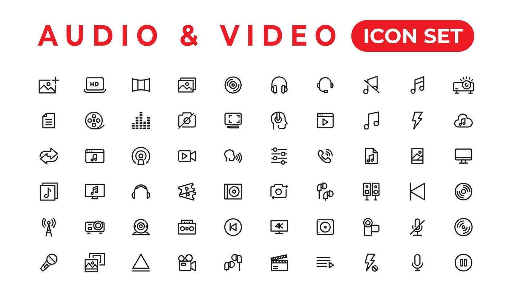 Audio Video Icons Pack. Thin line icons set. Flat icon collection set. Simple vector icons