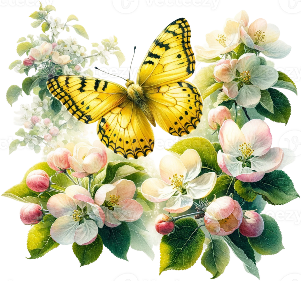 AI generated Yellow Butterfly with Apple Blossoms on a Spring Day png