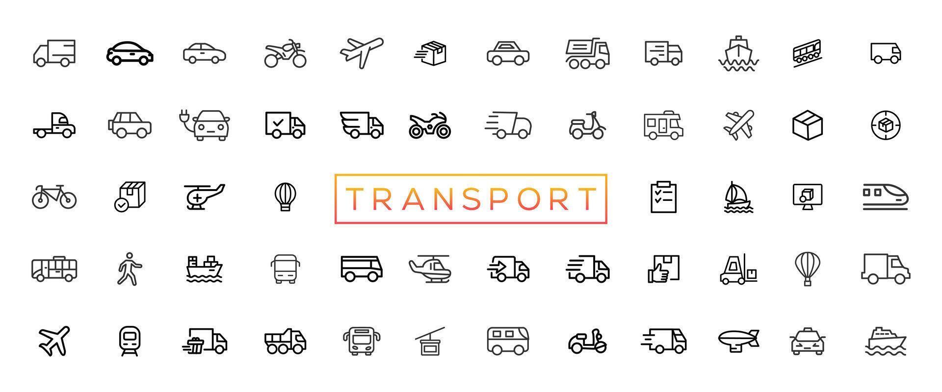 transporte, vehículo y entrega elementos - mínimo Delgado línea web icono colocar. contorno íconos colección vector