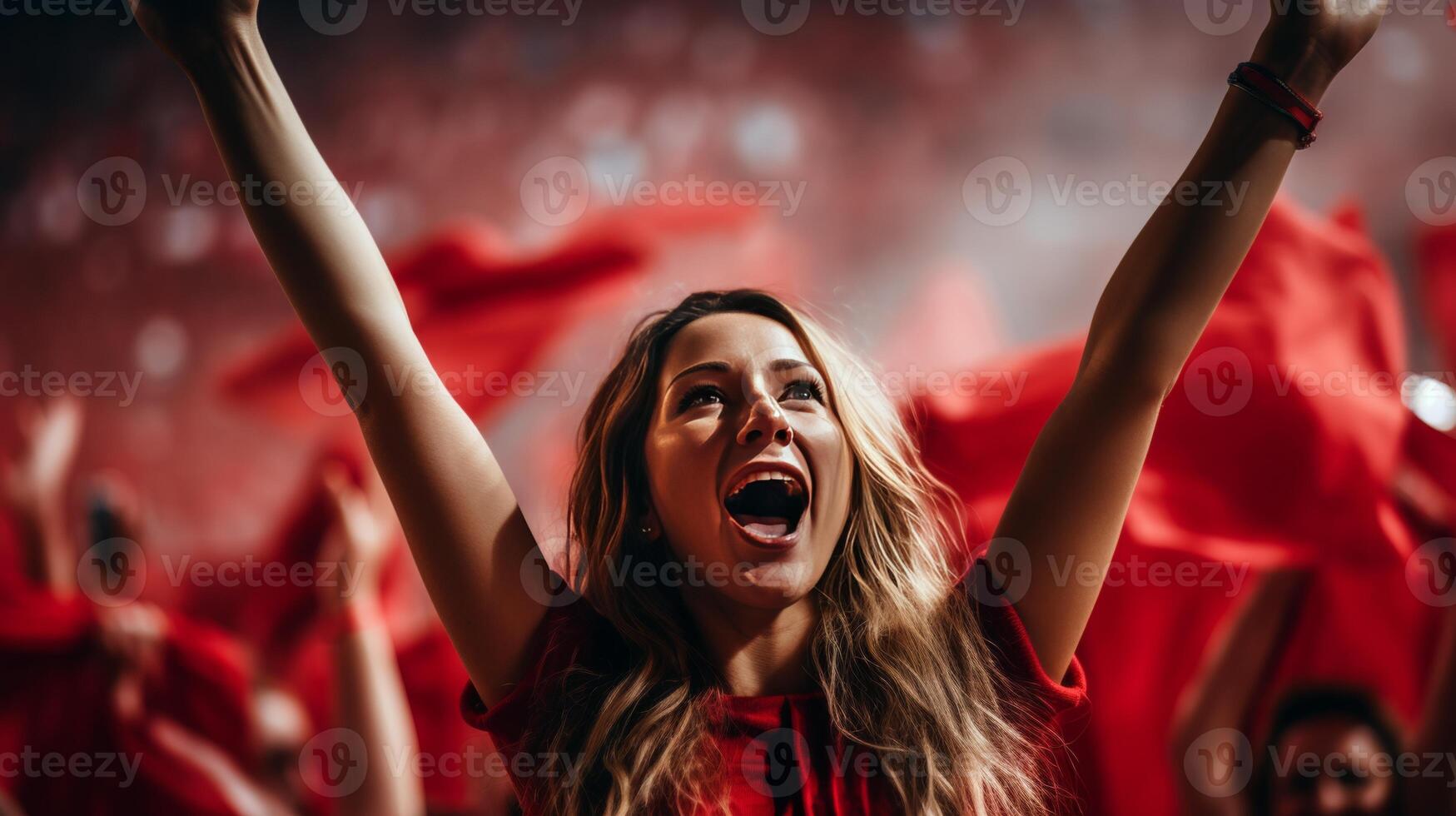 AI generated Woman cheerfully supporting her team in fan zone watching and cheering live match from the stands photo