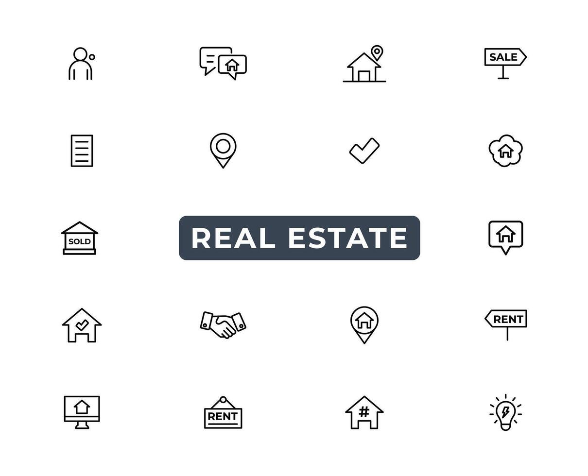 Real Estate minimal thin line web icon set. Included the icons as realty, property, mortgage, home loan and more. Outline icons collection. Simple vector illustration