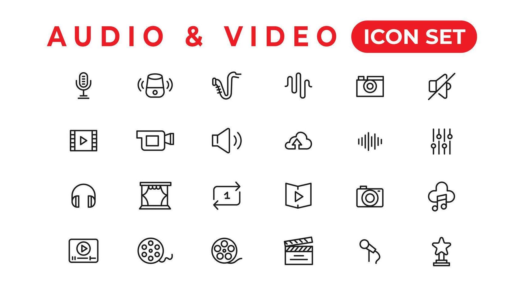 Audio Video Icons Pack. Thin line icons set. Flat icon collection set. Simple vector icons