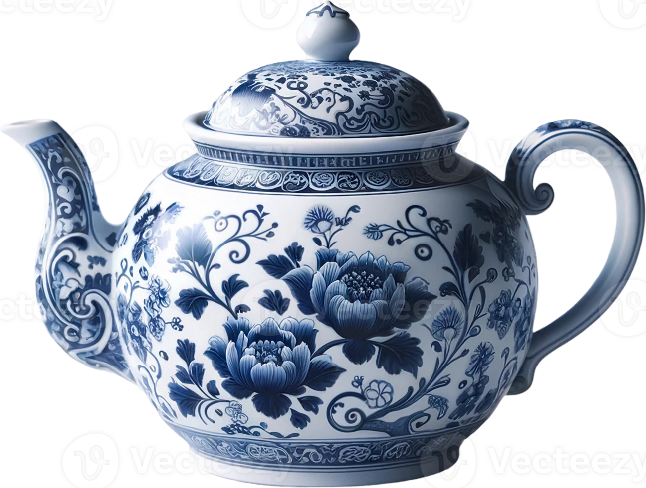 AI generated Ornate Blue and White Porcelain Teapot png
