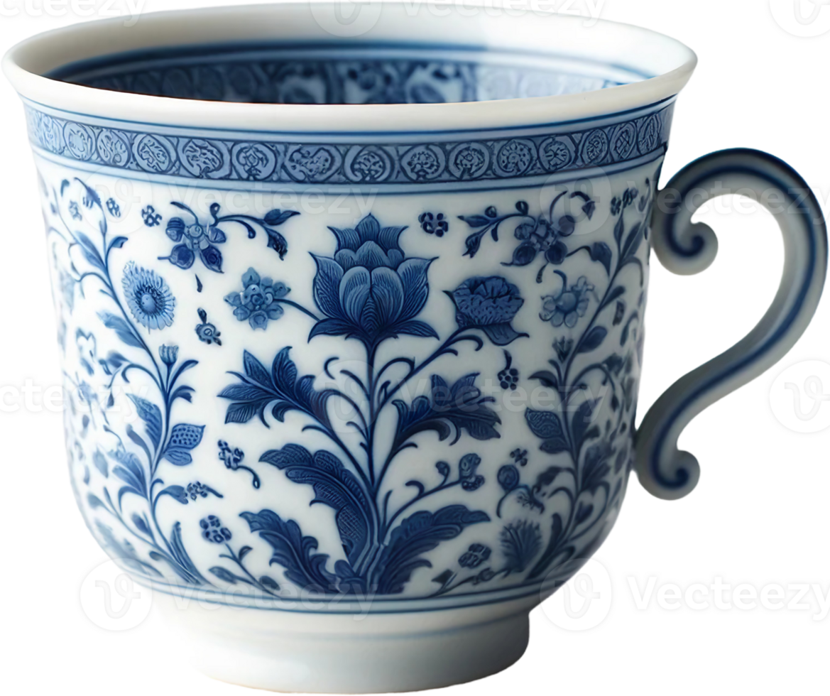 ai gegenereerd ingewikkeld blauw wit porselein koffie mok png