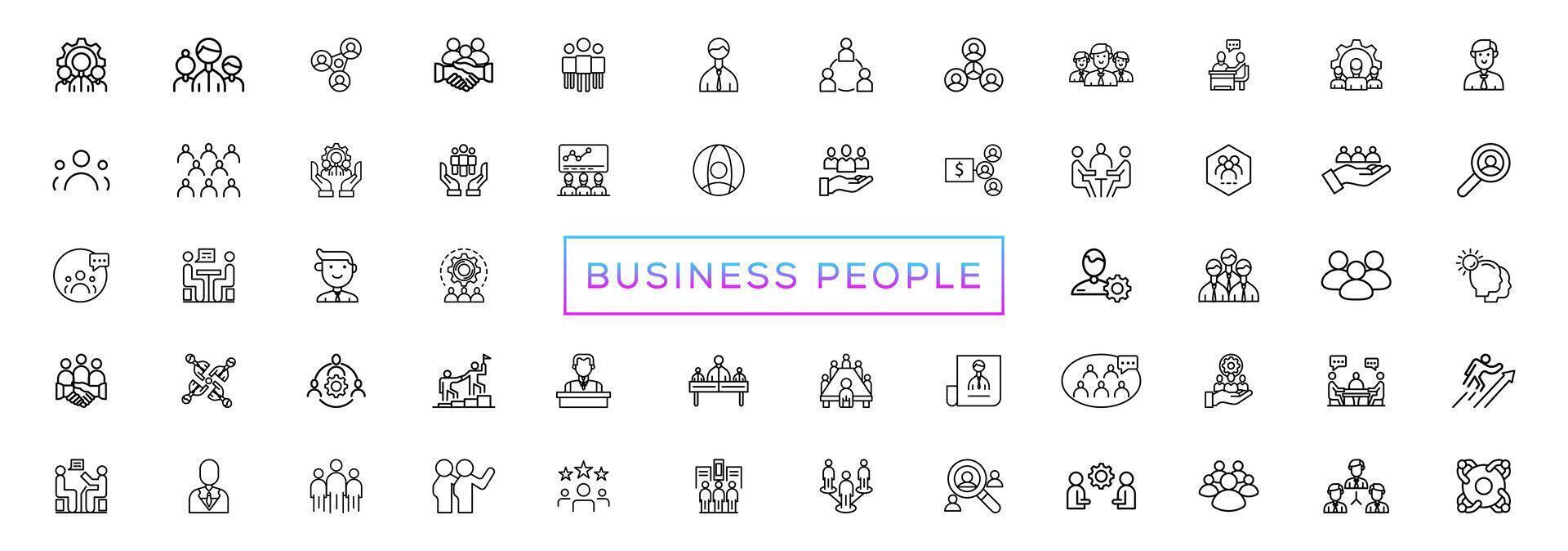 Business people line icons set. Businessman outline icons collection. Teamwork, human resources, meeting, partnership, meeting, work group, success, resume vector