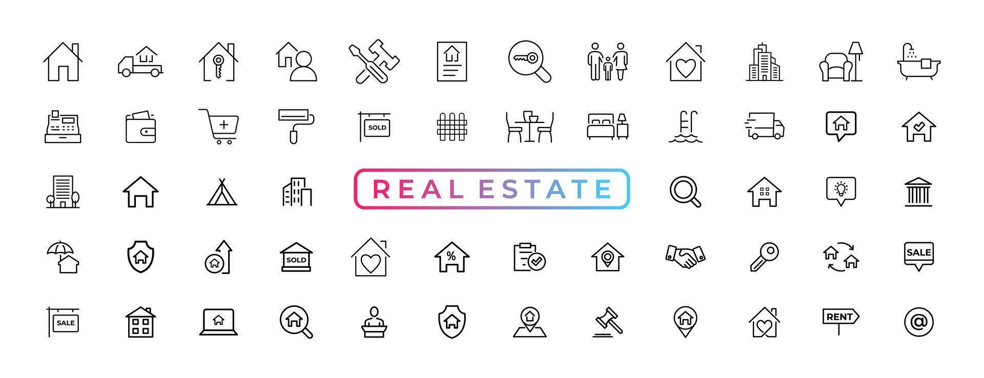 Real Estate minimal thin line web icon set. Included the icons as realty, property, mortgage, home loan and more. Outline icons collection. Simple vector illustration