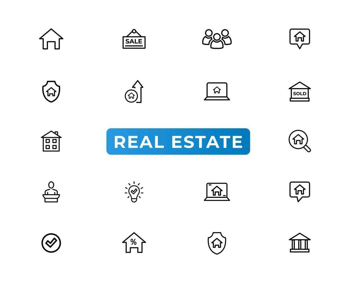 conjunto de iconos web de línea delgada mínima de bienes raíces. incluía los íconos como bienes raíces, propiedades, hipotecas, préstamos hipotecarios y más. colección de iconos de contorno. ilustración vectorial sencilla vector