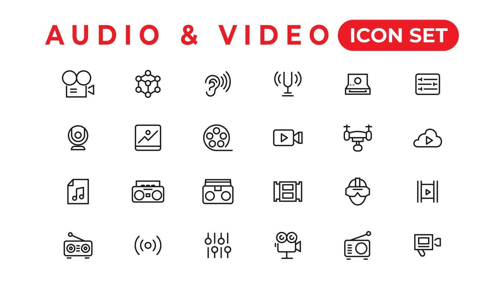 paquete de iconos de audio y video. conjunto de iconos de línea delgada. conjunto de colección de iconos planos. iconos vectoriales simples vector